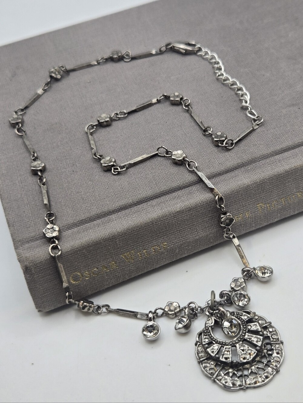 Vintage Silver-Tone Necklace Art Deco Aesthetic CZ Crystal floral station links